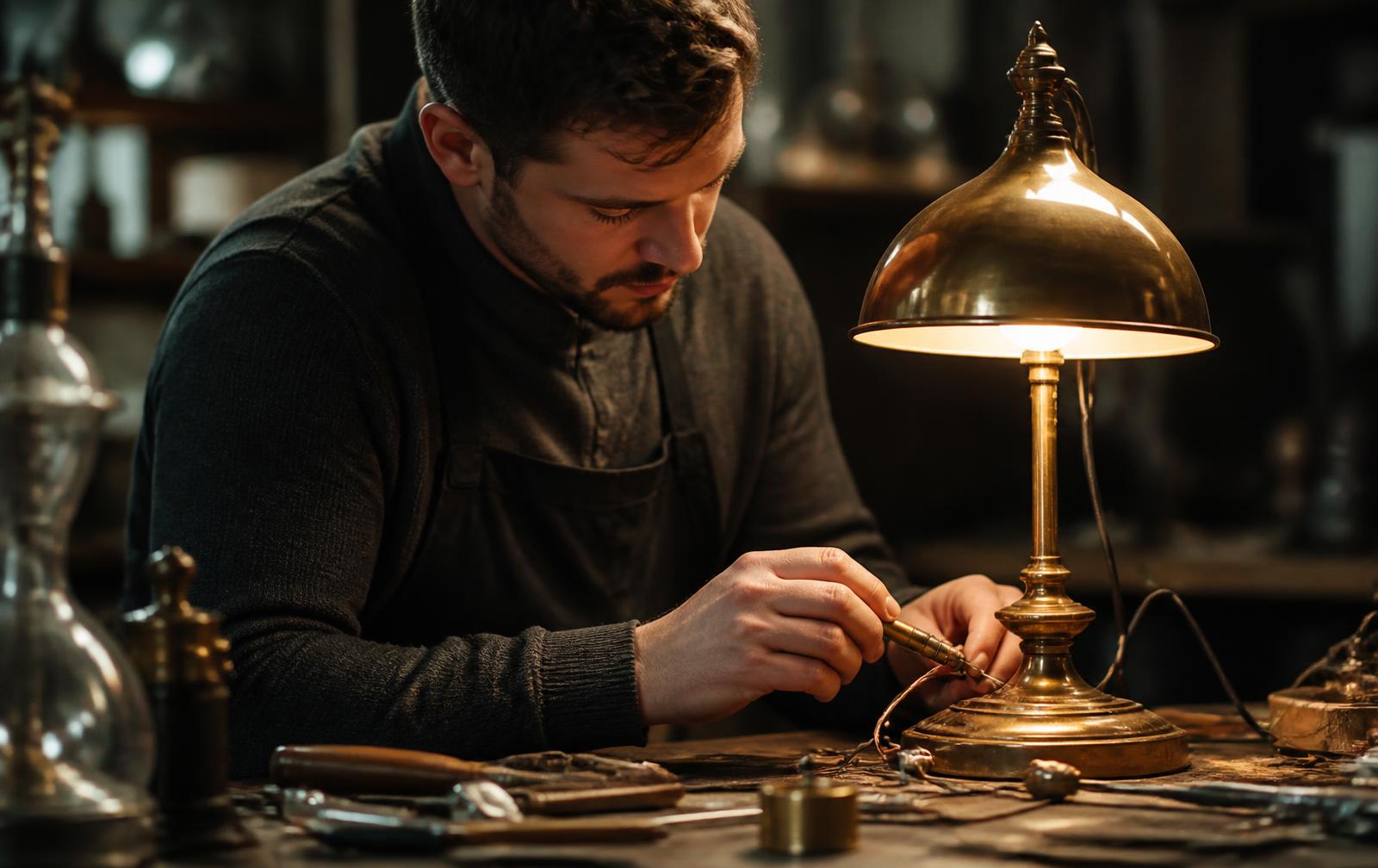 Technician rewiring a brass table lamp at the Helenvando Co. workbench in Brownsville